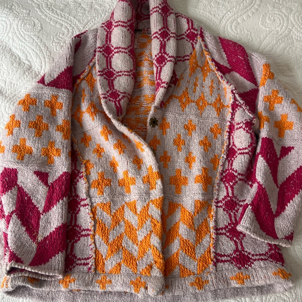 Free People Pink and Orange Patterned Cardigan